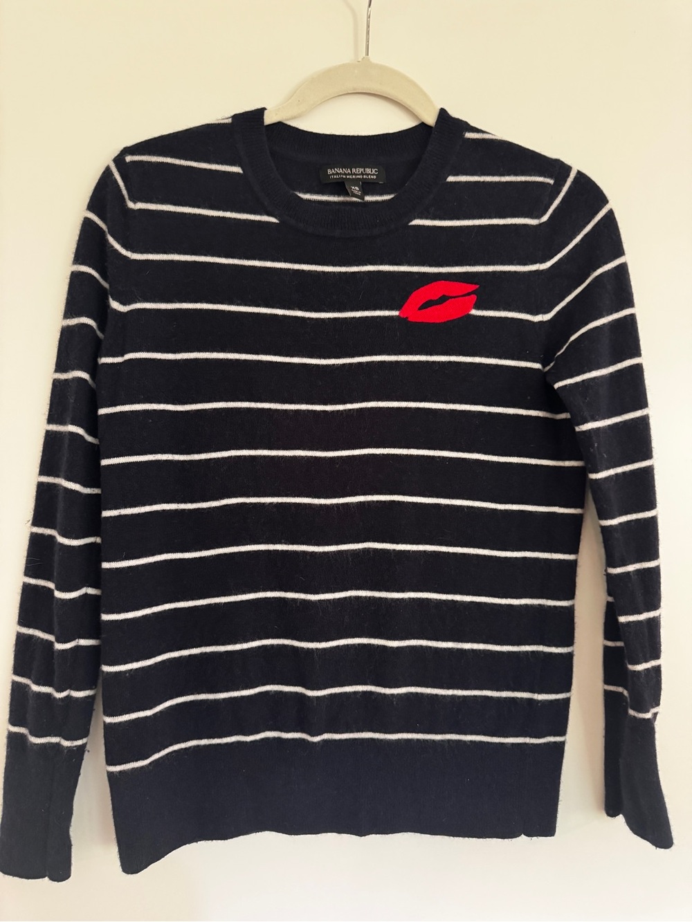 Banana Republic Navy and White Striped Sweater with Red Lip Patch